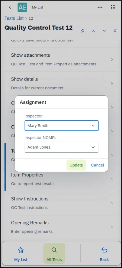 Assignment dialog in the Quality Control app for choosing the inspector and the NCMR inspector