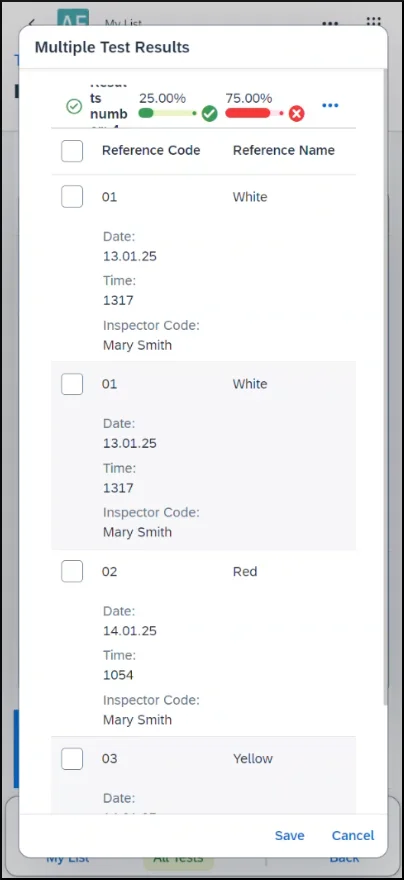 Multiple Test Results list in the Quality Control app with dates, times, and inspector for each result