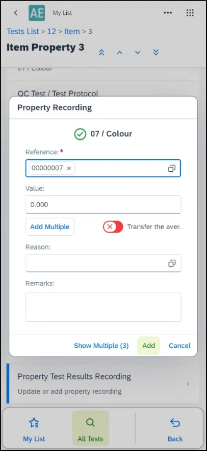 Property Recording dialog in the Quality Control app for entering a result for a color property