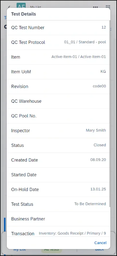 Test Details panel in the Quality Control app showing the protocol, item, inspector, status, and dates