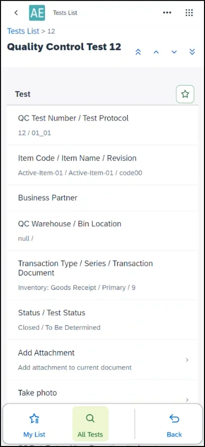 Quality Control Test in the mobile app with its Test Protocol, item, warehouse, transaction, and status