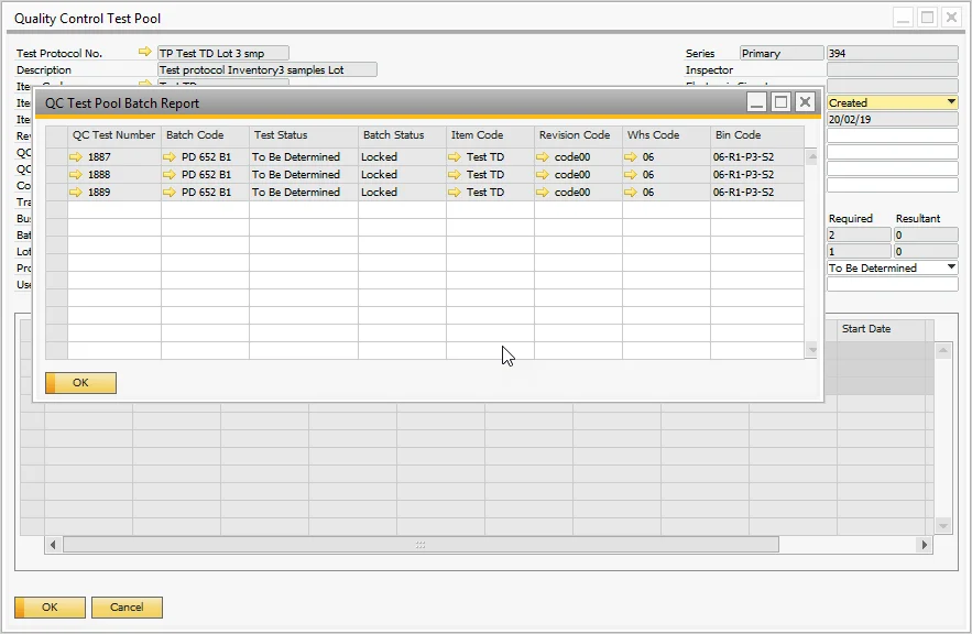 Quality Control Test Pool Batch Report listing each test with its batch code, test status, batch status, item, revision, and bin