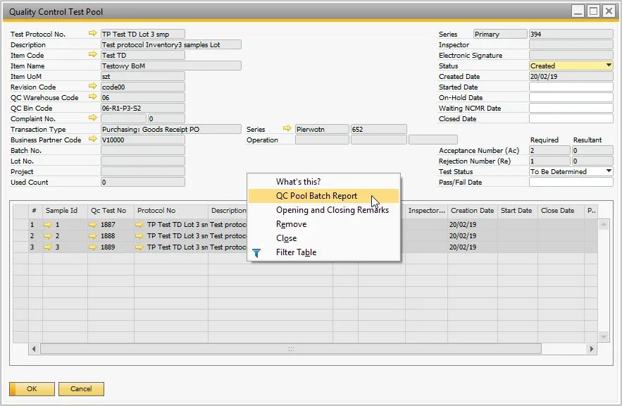 Quality Control Test Pool form with the right-click menu open on the Quality Control Pool Batch Report option