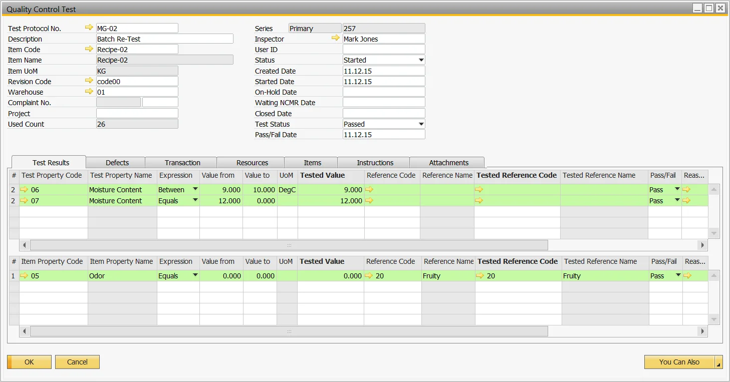 Quality Control Test for a batch re-test with all test and item property results passed