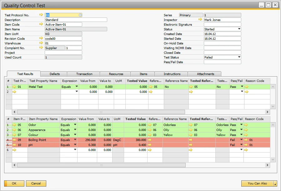 CompuTec ProcessForce Quality Control Test with passed and failed results for each tested item property