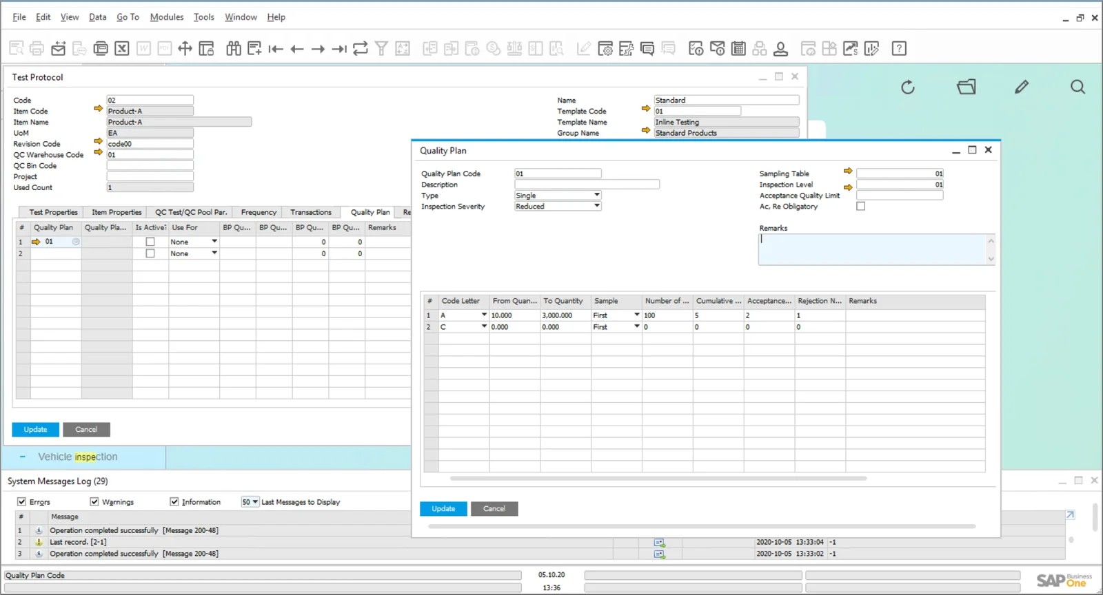Test Protocol with the Quality Plan window defining sampling table, inspection level, inspection severity, and sample quantities