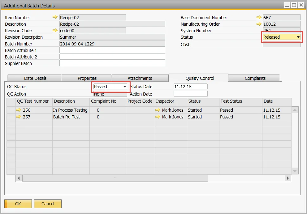 Batch details showing the batch Released with a Passed quality status after two passed tests
