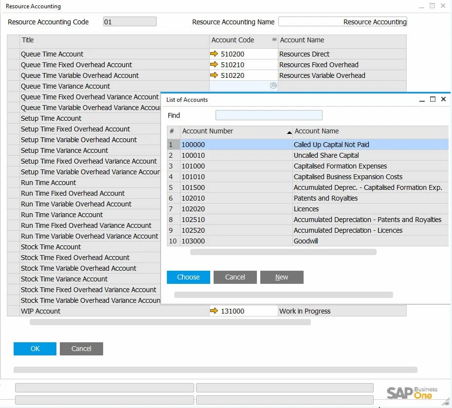 Resource Accounting with G/L accounts for queue, setup, run, and stock time, and the List of Accounts open for selection