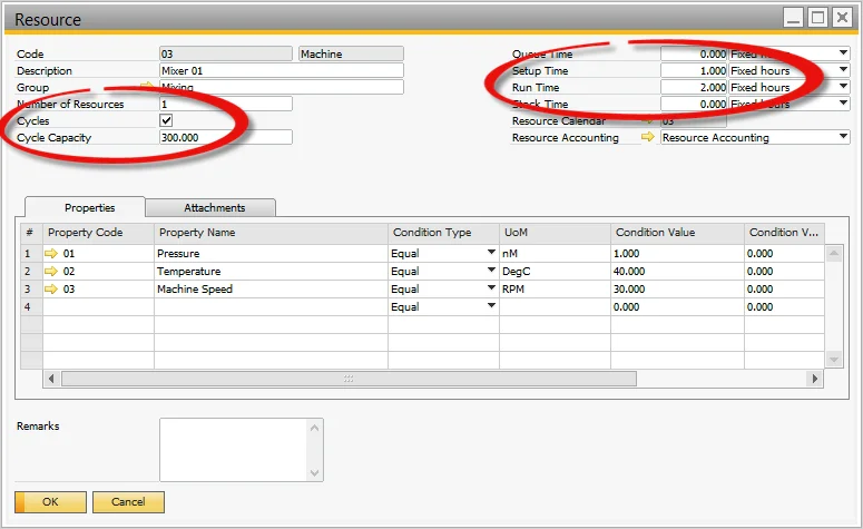 CompuTec ProcessForce Resource with Cycles enabled, a cycle capacity, and fixed setup and run times highlighted