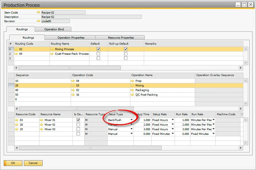 CompuTec ProcessForce Production Process routing with the Backflush issue type set for the resource Mixer 01