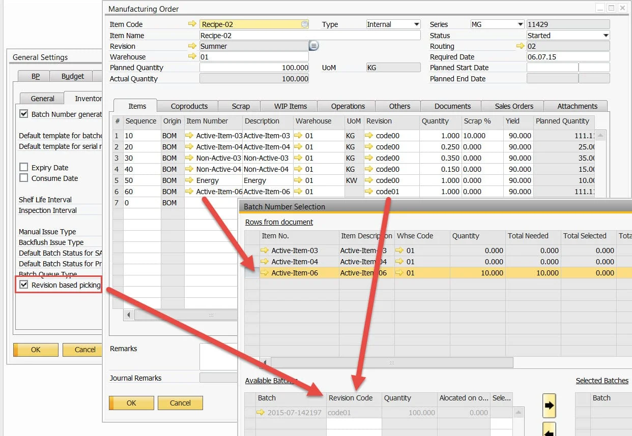 Revision-based picking setting and the Batch Number Selection window showing only batches with the matching revision code