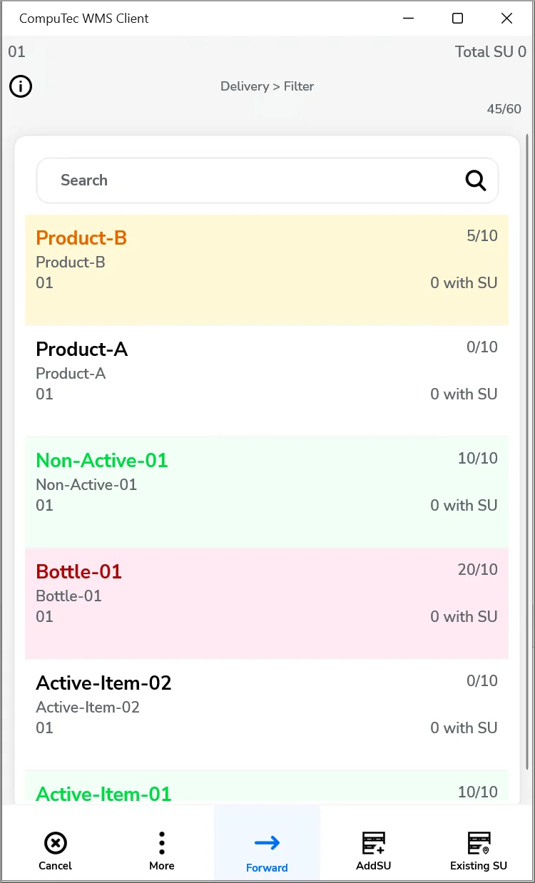 CompuTec WMS Delivery item lines colored yellow, green, and red by picking status