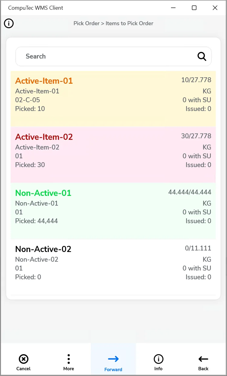 CompuTec WMS Pick Order item lines colored yellow, red, and green by picking status