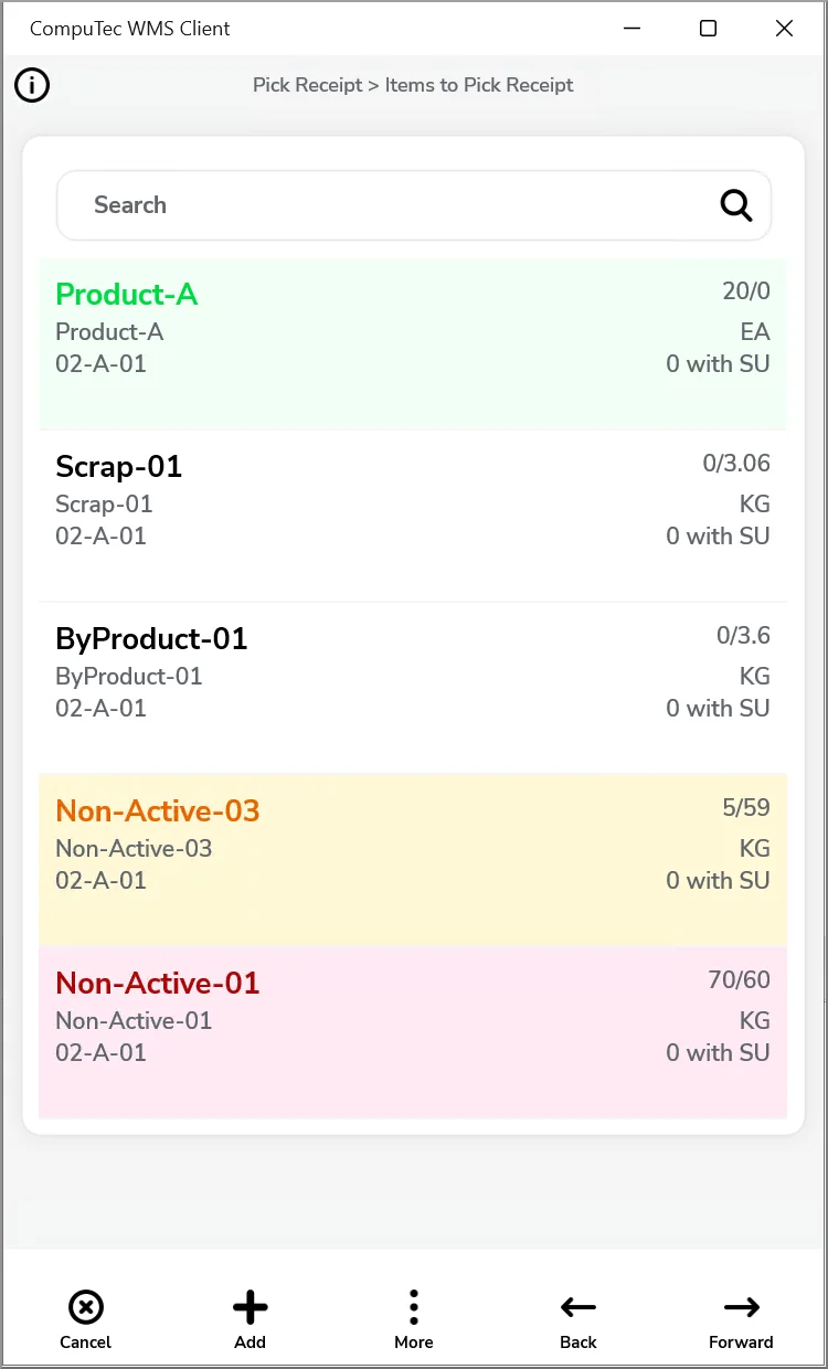 CompuTec WMS Pick Receipt item lines colored green, yellow, and red by picking status