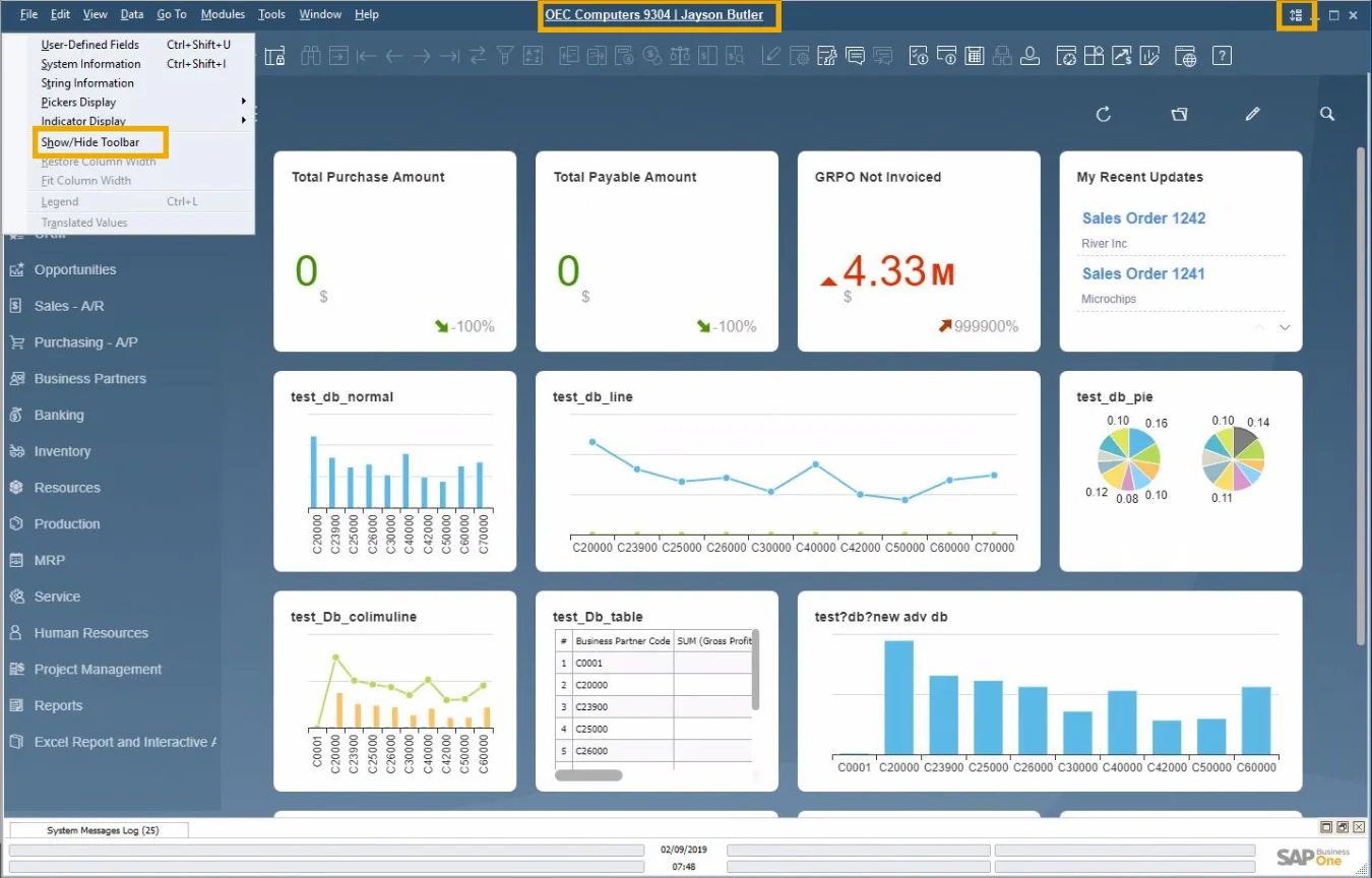 SAP Business One 10 cockpit with the Show/Hide Toolbar option and the company database switcher highlighted