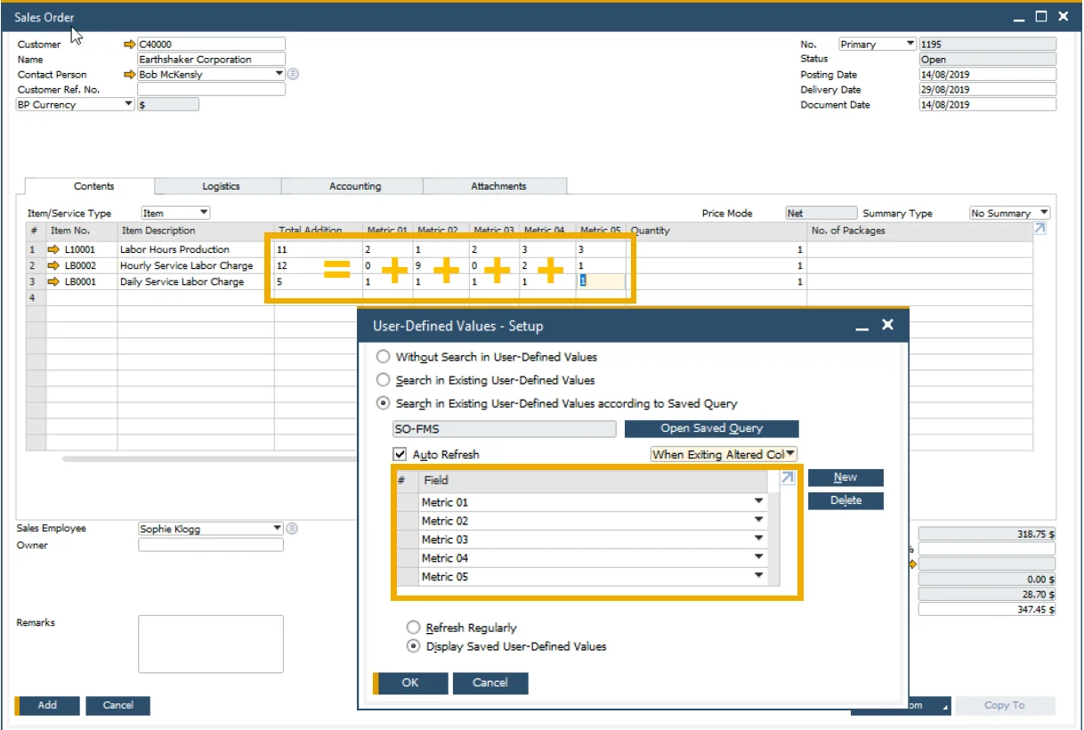 Sales Order with a User-Defined Values setup triggered by five metric fields that add up to a total