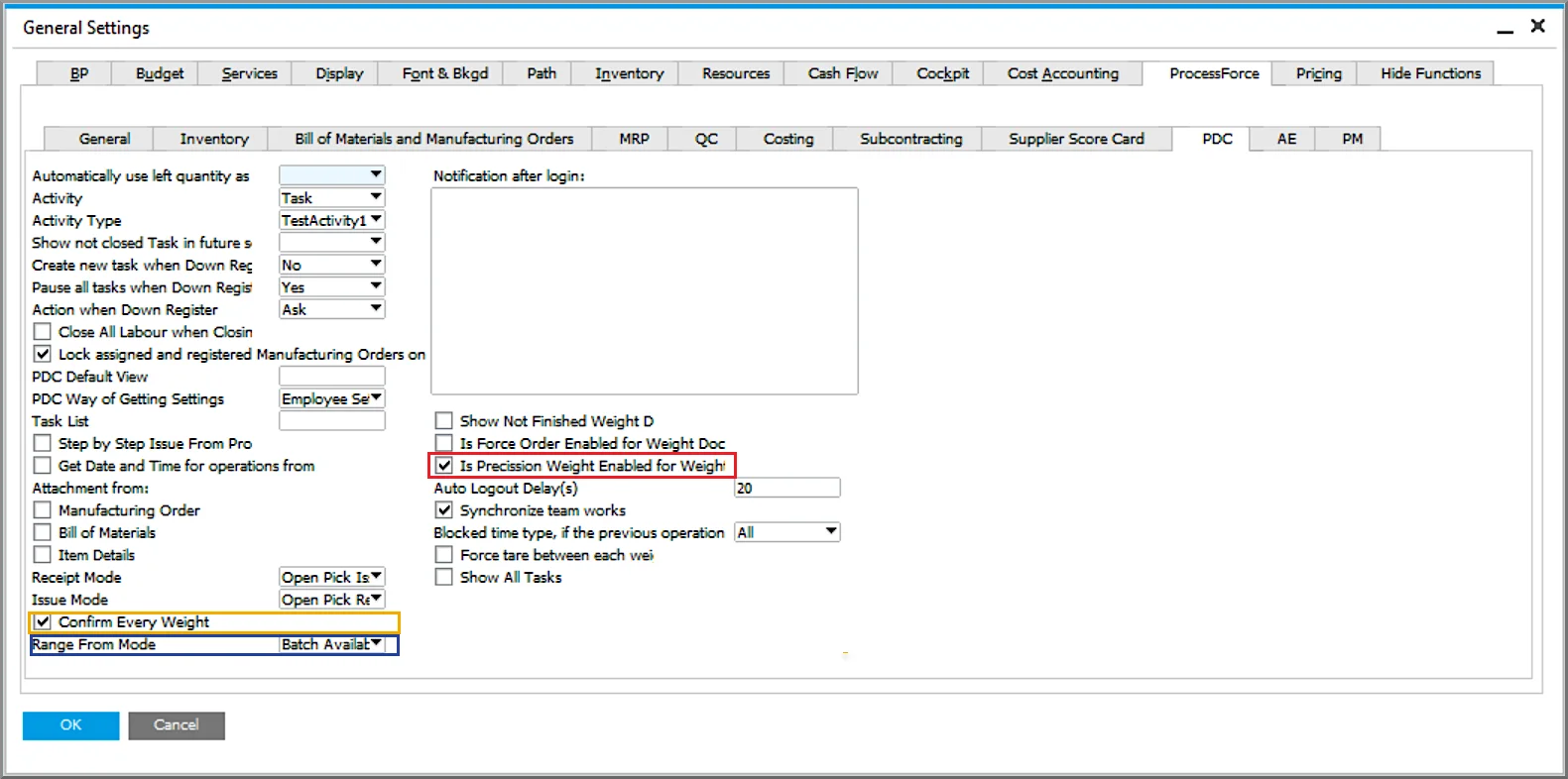 SAP Business One General Settings with the Confirm Every Weight, Range From Mode, and precision weight options highlighted