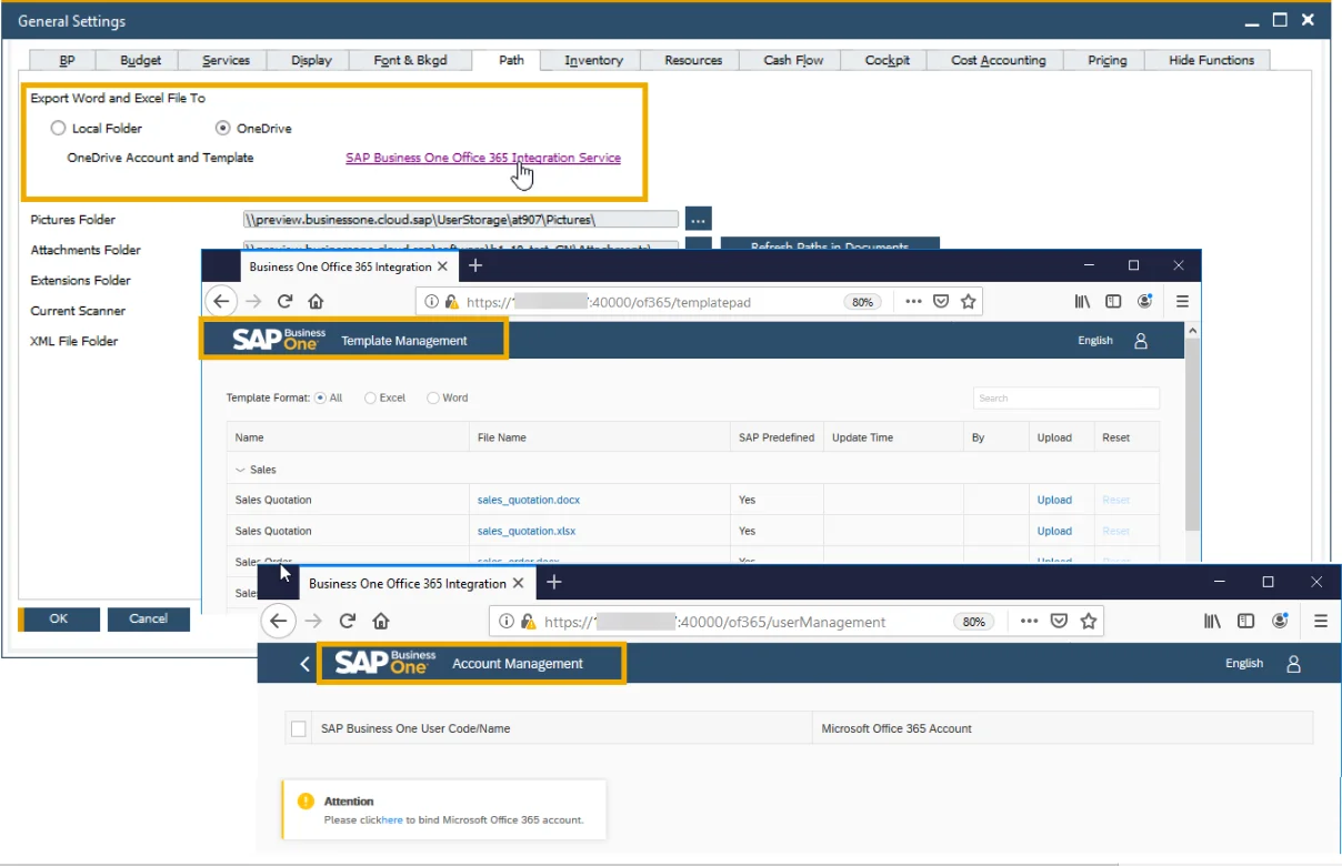 SAP Business One General Settings exporting Word and Excel files to OneDrive, with the Template Management and Account Management pages