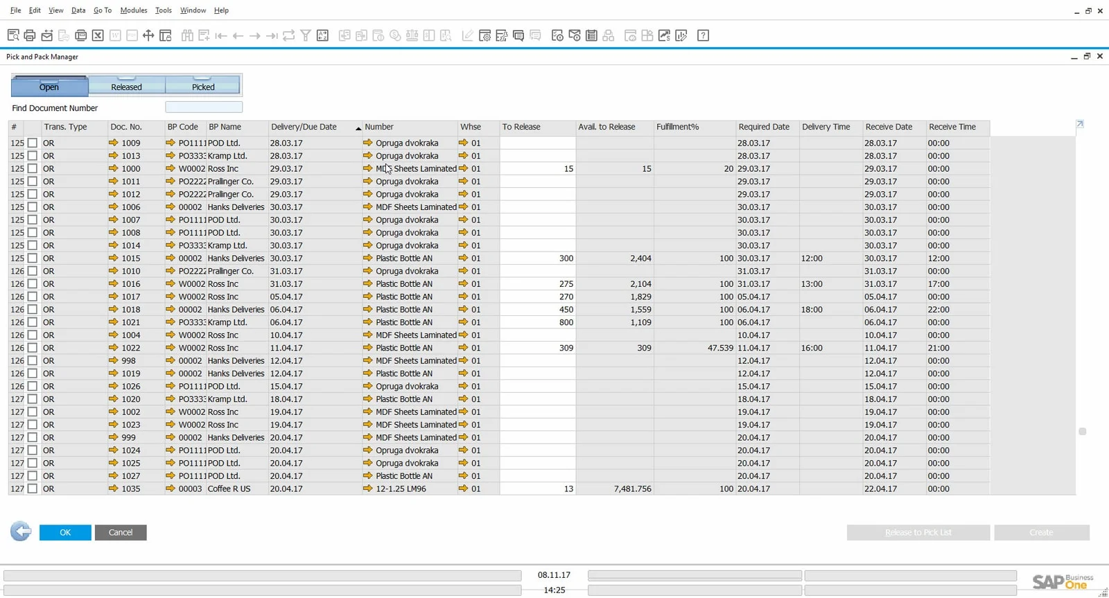 Pick and Pack Manager listing open orders with their required date, delivery time, and receive date and time