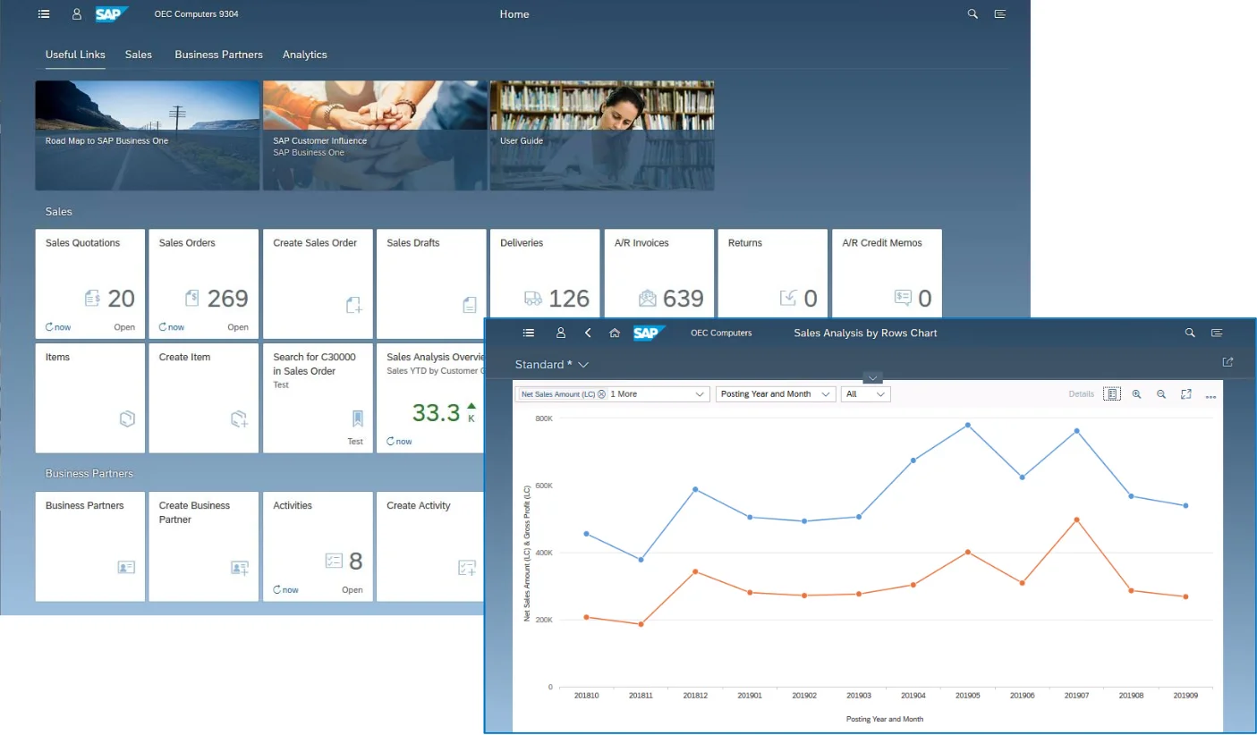 SAP Business One Web Client home page with sales tiles and a Sales Analysis by Rows chart