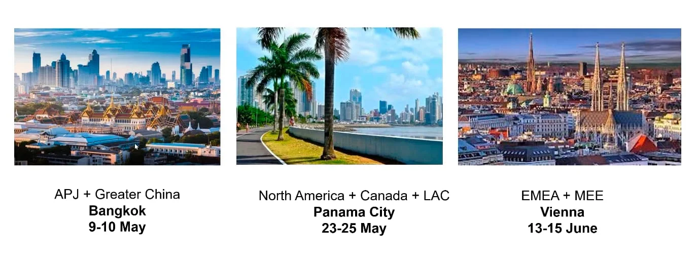 SAP Partner Summits 2023 venues: Bangkok on May 9–10, Panama City on May 23–25, and Vienna on June 13–15