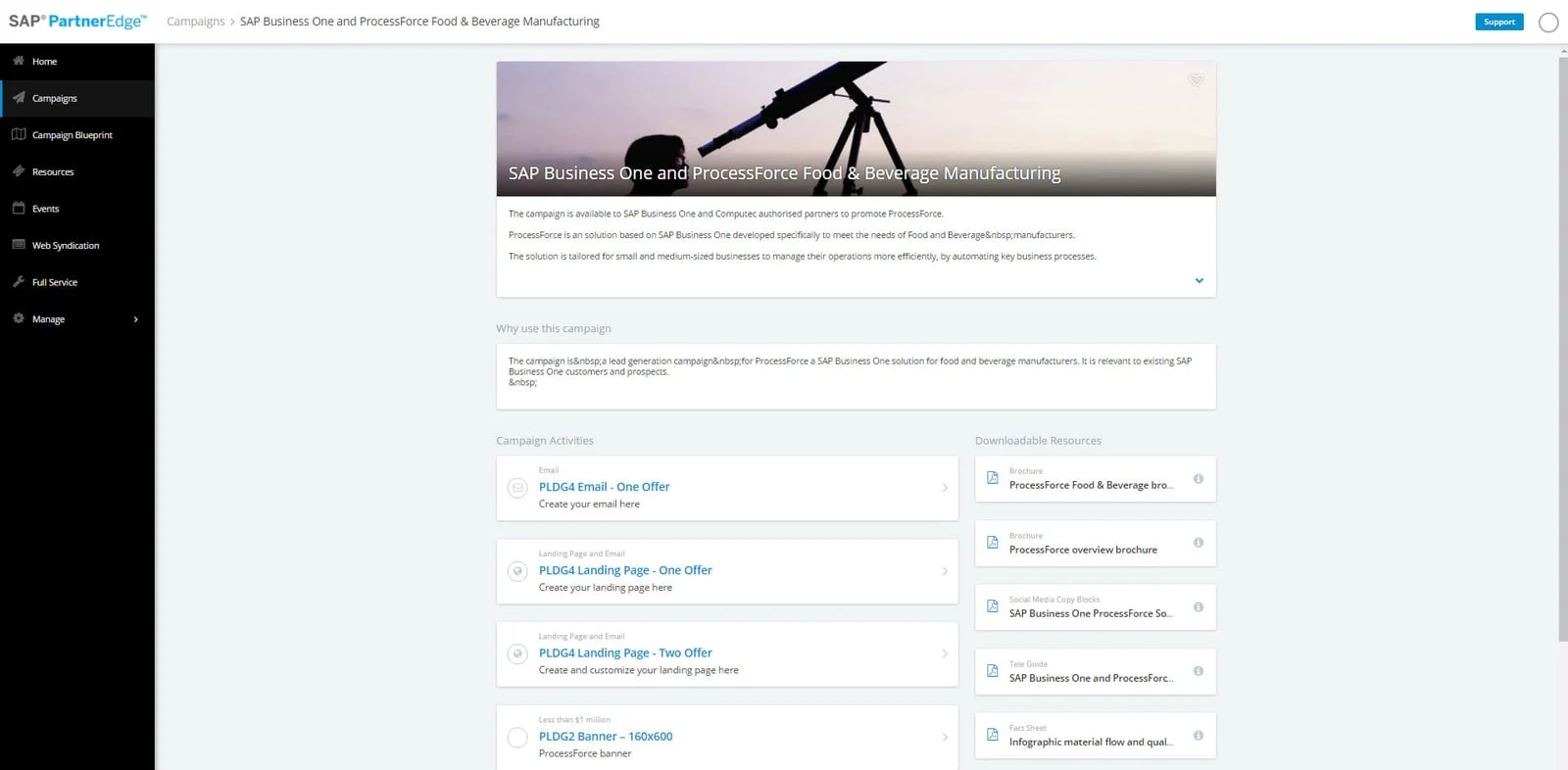 SAP PartnerEdge campaign page for SAP Business One and CompuTec ProcessForce Food & Beverage Manufacturing with downloadable resources
