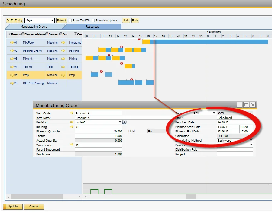 CompuTec ProcessForce scheduling board with red late-order warning icons and a Manufacturing Order’s required and planned dates highlighted