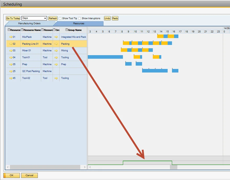 CompuTec ProcessForce Scheduling window with orders planned on each resource and a green capacity line