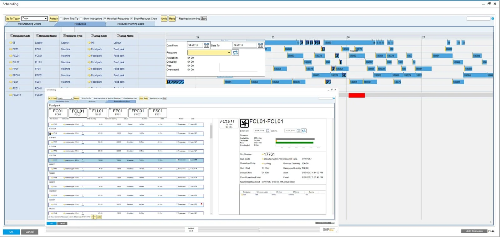Scheduling Gantt chart of resources with the Resource Planning Board open for a selected machine