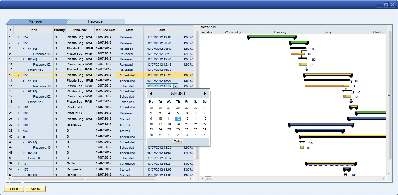 CompuTec ProcessForce scheduling with Manufacturing Orders, their status and start dates, and a Gantt chart of their operations