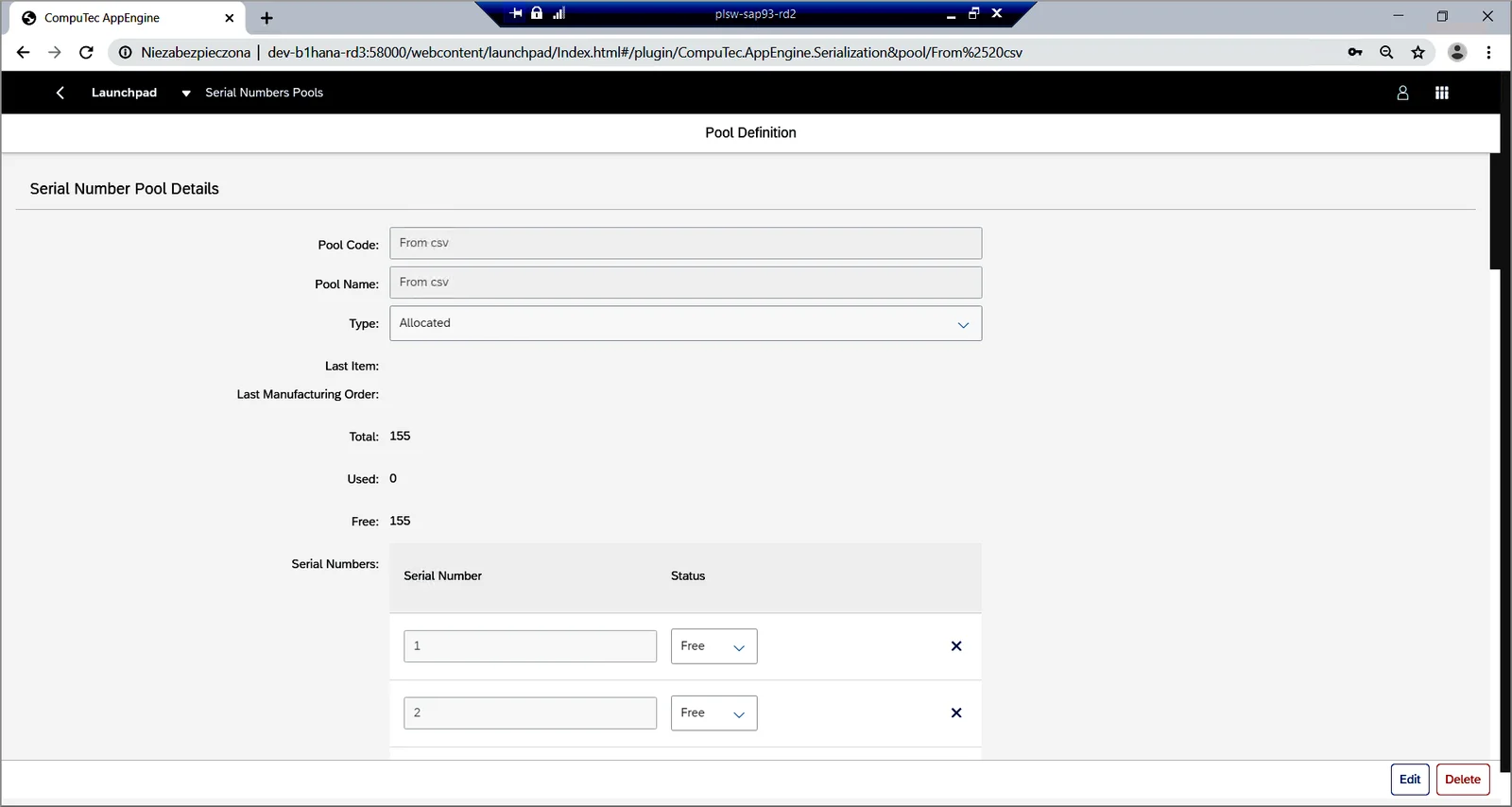 CompuTec AppEngine Serial Number Pool Details with the pool type and free and used serial numbers