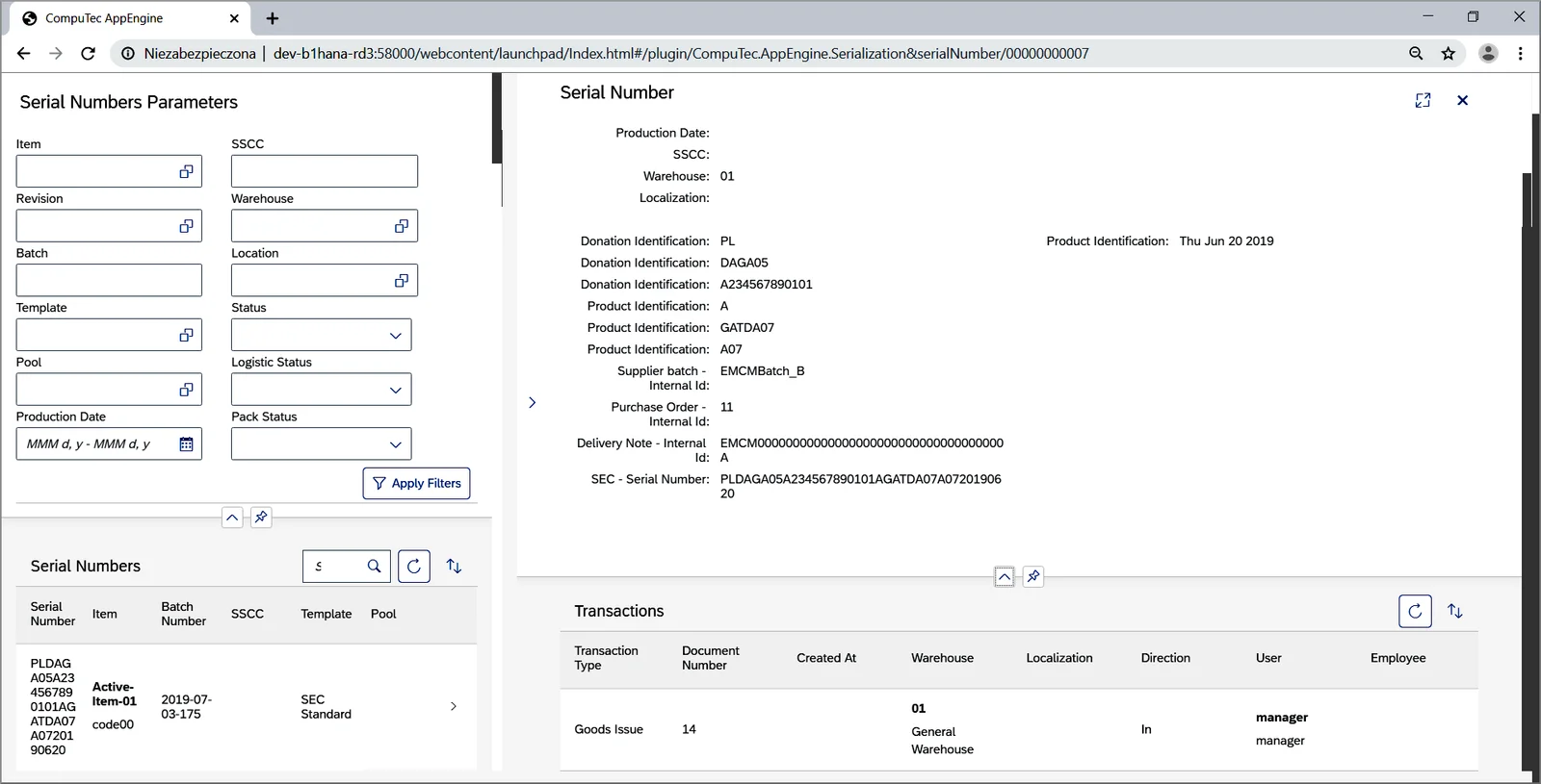 CompuTec AppEngine serial number report with its identification attributes and transaction history