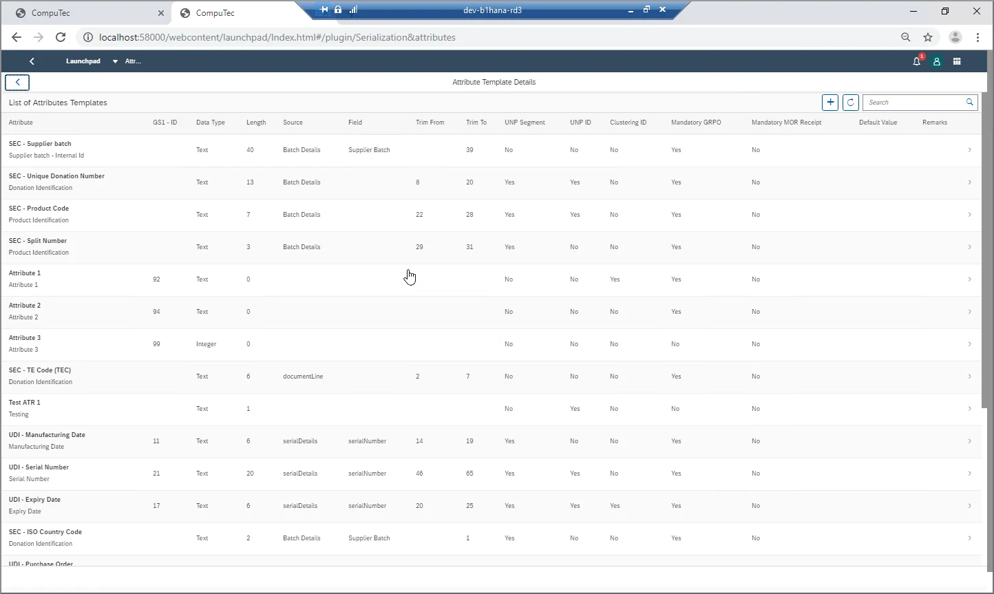 CompuTec AppEngine list of serialization attribute templates with GS1 IDs, sources, and trim positions