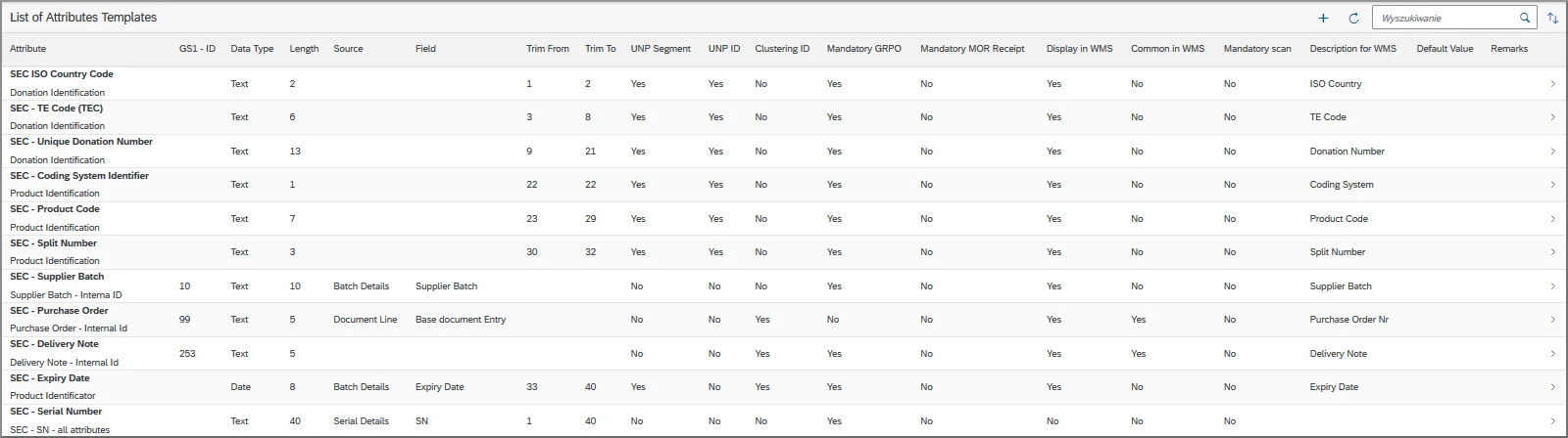 List of attribute templates defining each serial number segment, its position, and whether it is displayed in CompuTec WMS