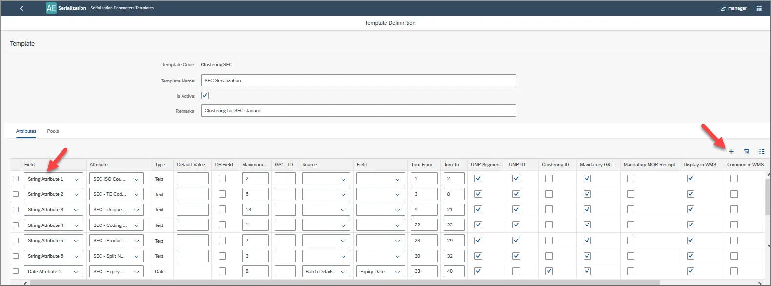 Serialization Parameters Templates definition with the attributes that make up a clustering serial number