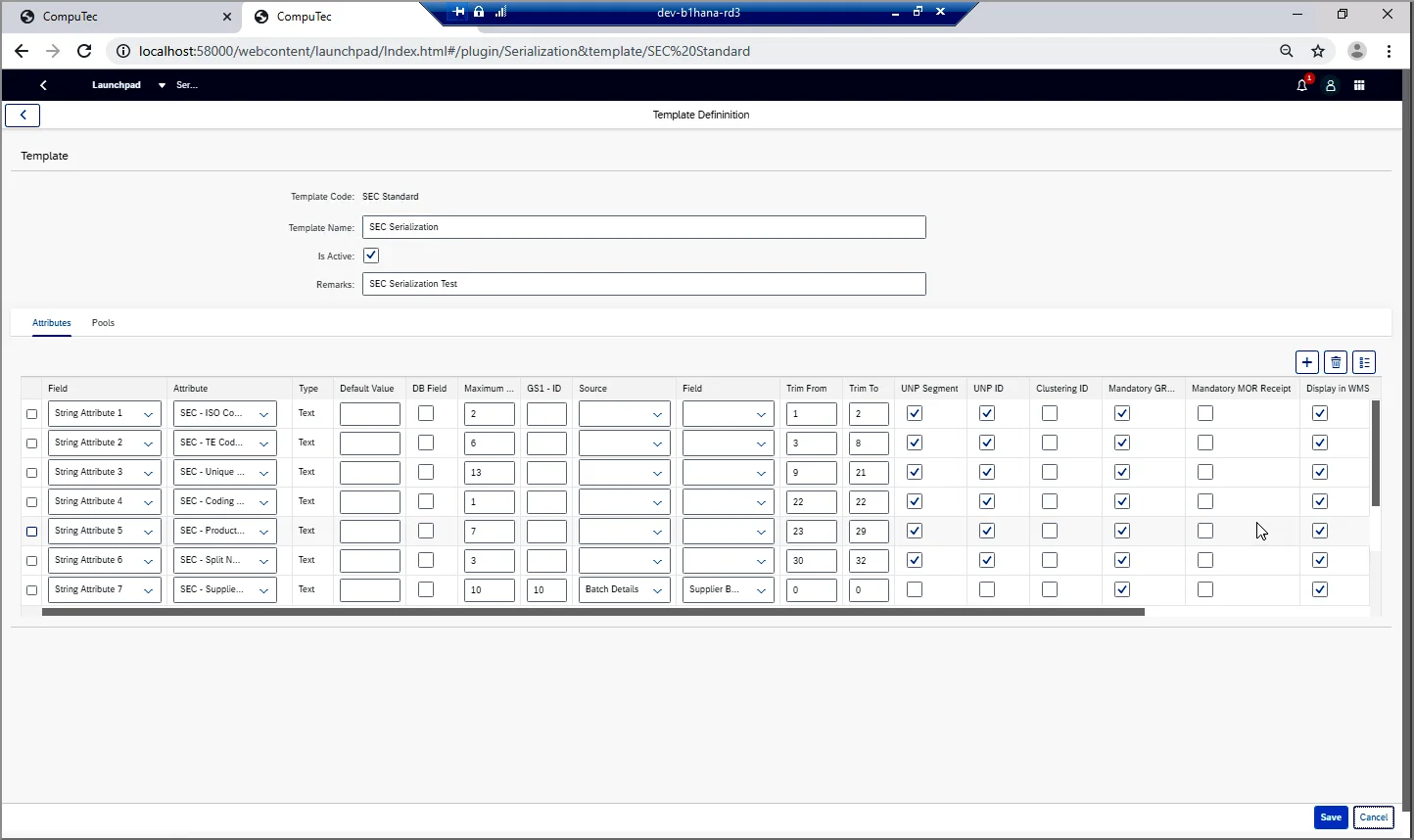 CompuTec AppEngine serialization template definition mapping string attributes to serial number segments