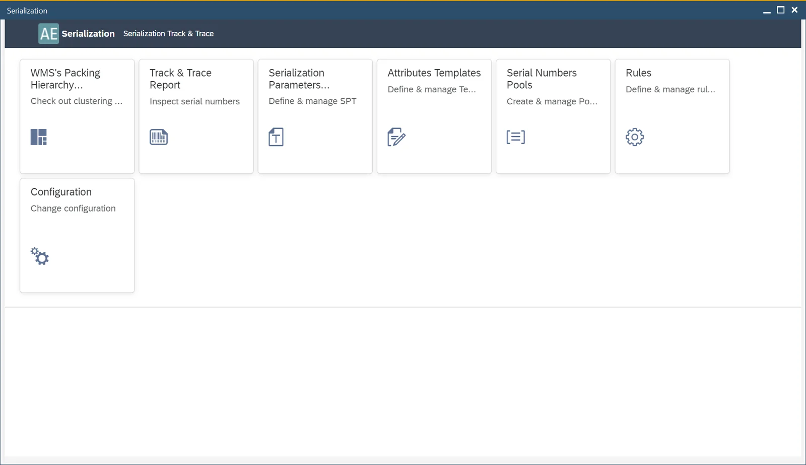Serialization Track & Trace launchpad with tiles for packing hierarchy, track and trace report, templates, pools, and rules