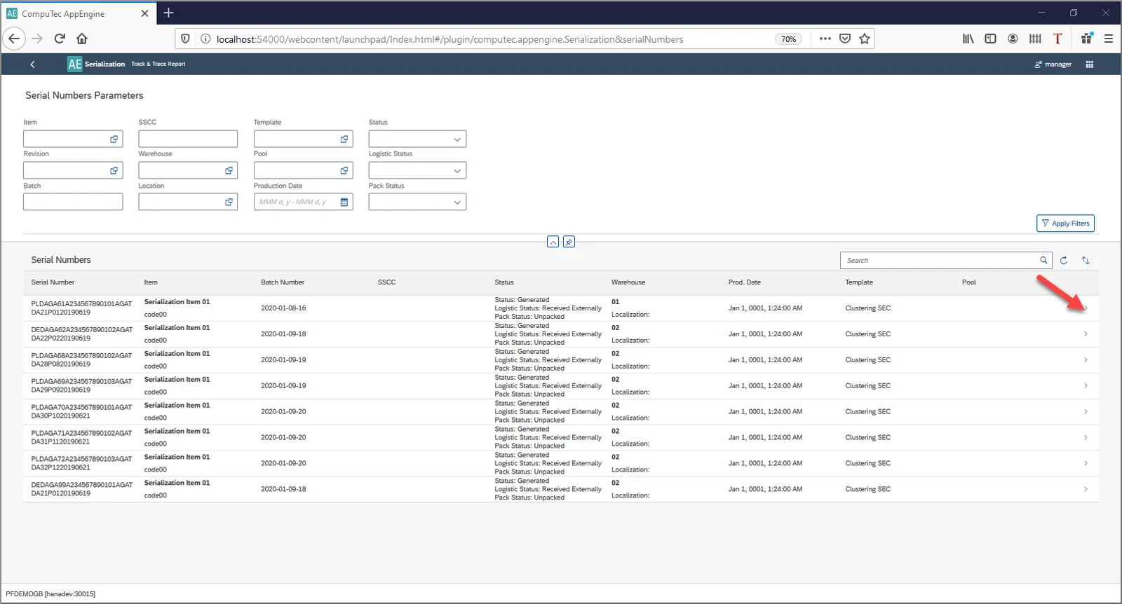 Serialization Track and Trace Report listing serial numbers with their item, batch, status, warehouse, and template