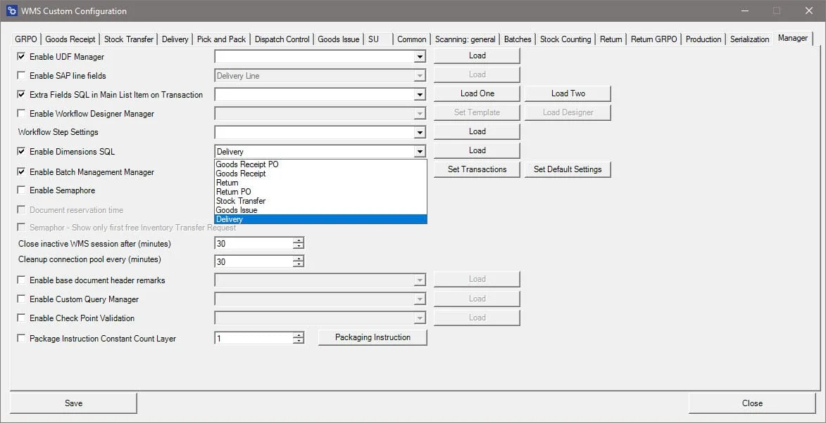 CompuTec WMS custom configuration, Manager tab, with Enable Dimensions SQL and the list of supported documents