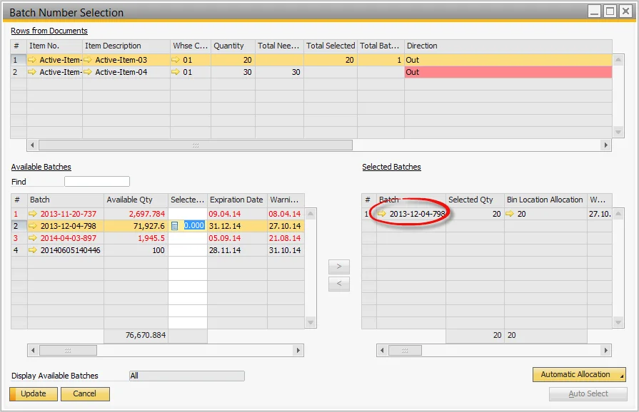 Batch Number Selection window with a batch selected for the transfer to the subcontractor