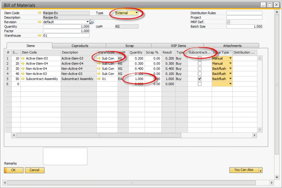 Bill of Materials of type External, with free issue materials in the Sub Con warehouse and a subcontracting line