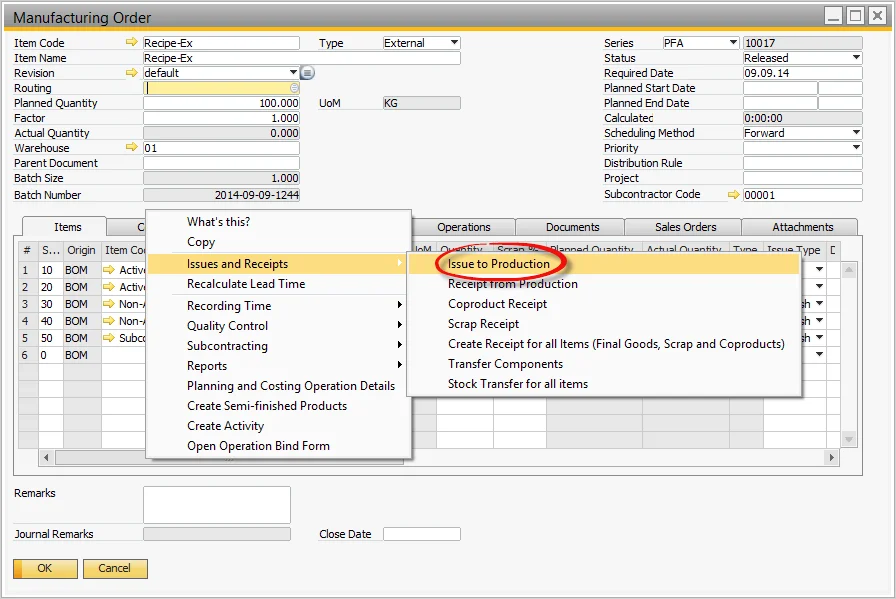 Manufacturing Order context menu with Issues and Receipts, Issue to Production highlighted