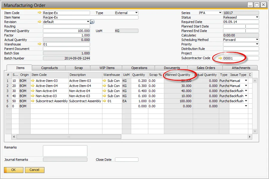 External Manufacturing Order with a subcontractor code and the planned quantities of the free issue materials