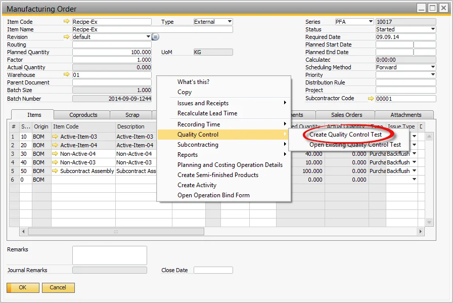 Manufacturing Order context menu with Quality Control, Create Quality Control Test highlighted