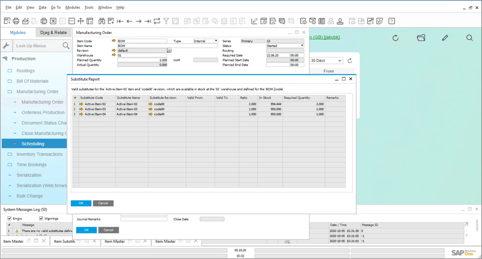 Substitute Report listing valid substitutes for an item with ratio, stock, and required quantity