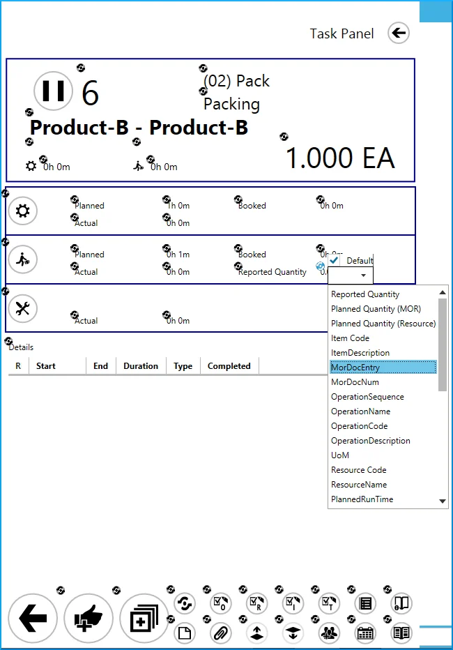 CompuTec PDC Task Panel in customization mode with the list of values that can be shown in one of its fields
