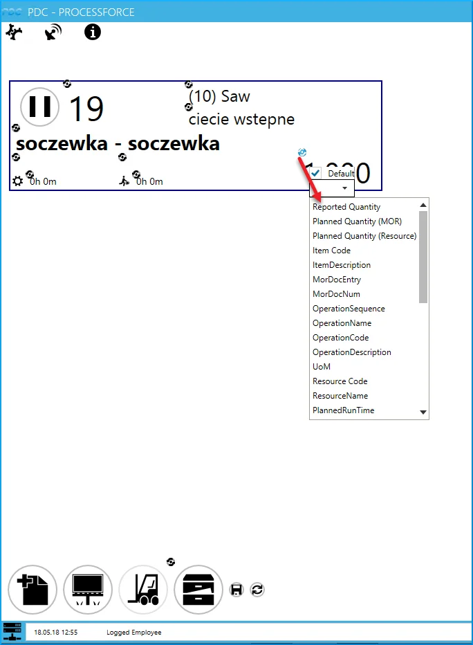 CompuTec PDC Task Tile in customization mode with the list of values that can be shown in one of its fields