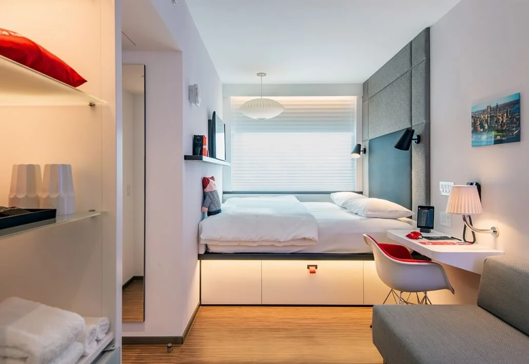 The interior of a CitizenM hotel room built with VBC's modular construction
