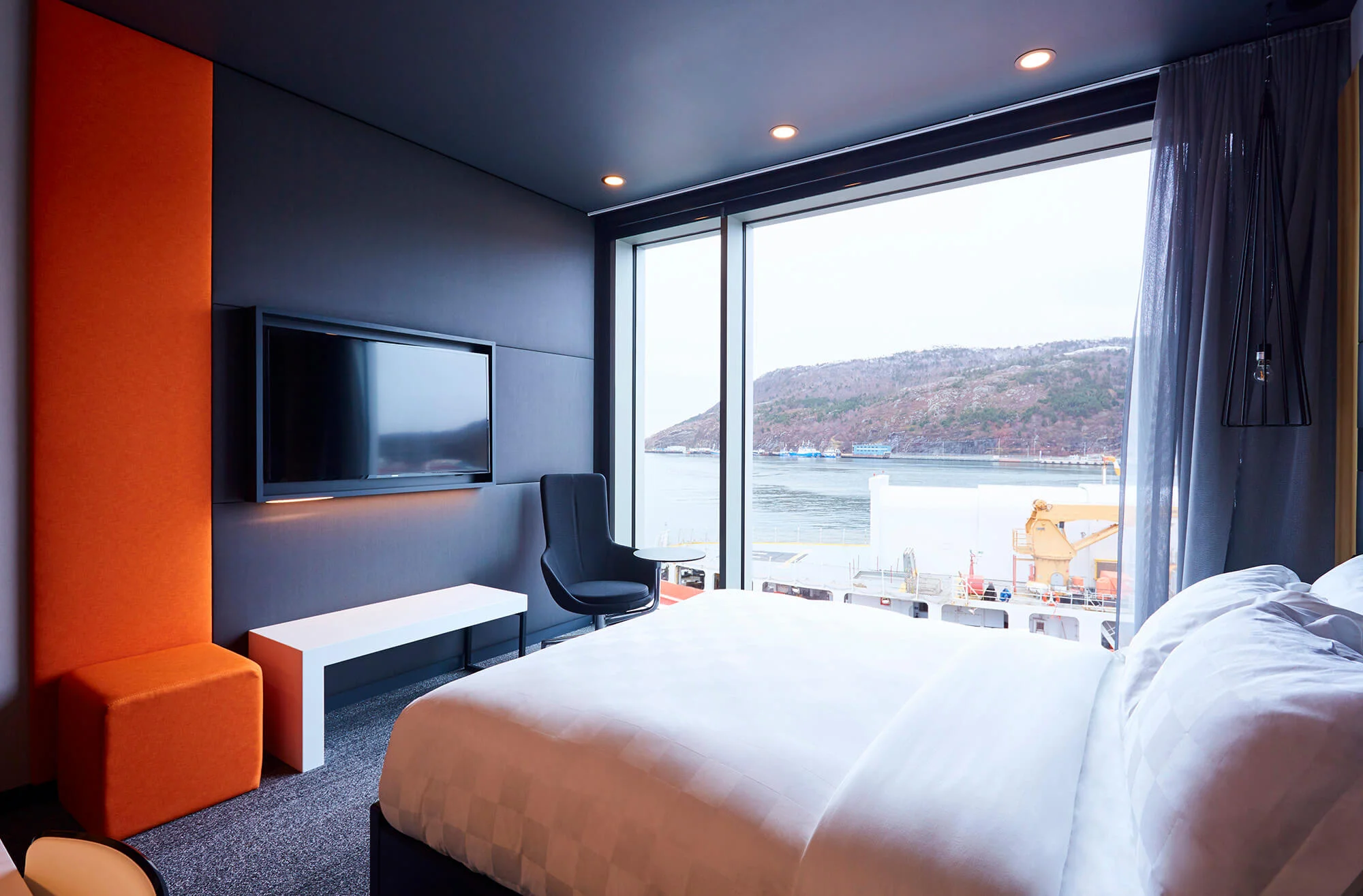 The interior of a harbor-view hotel room built with VBC's modular construction