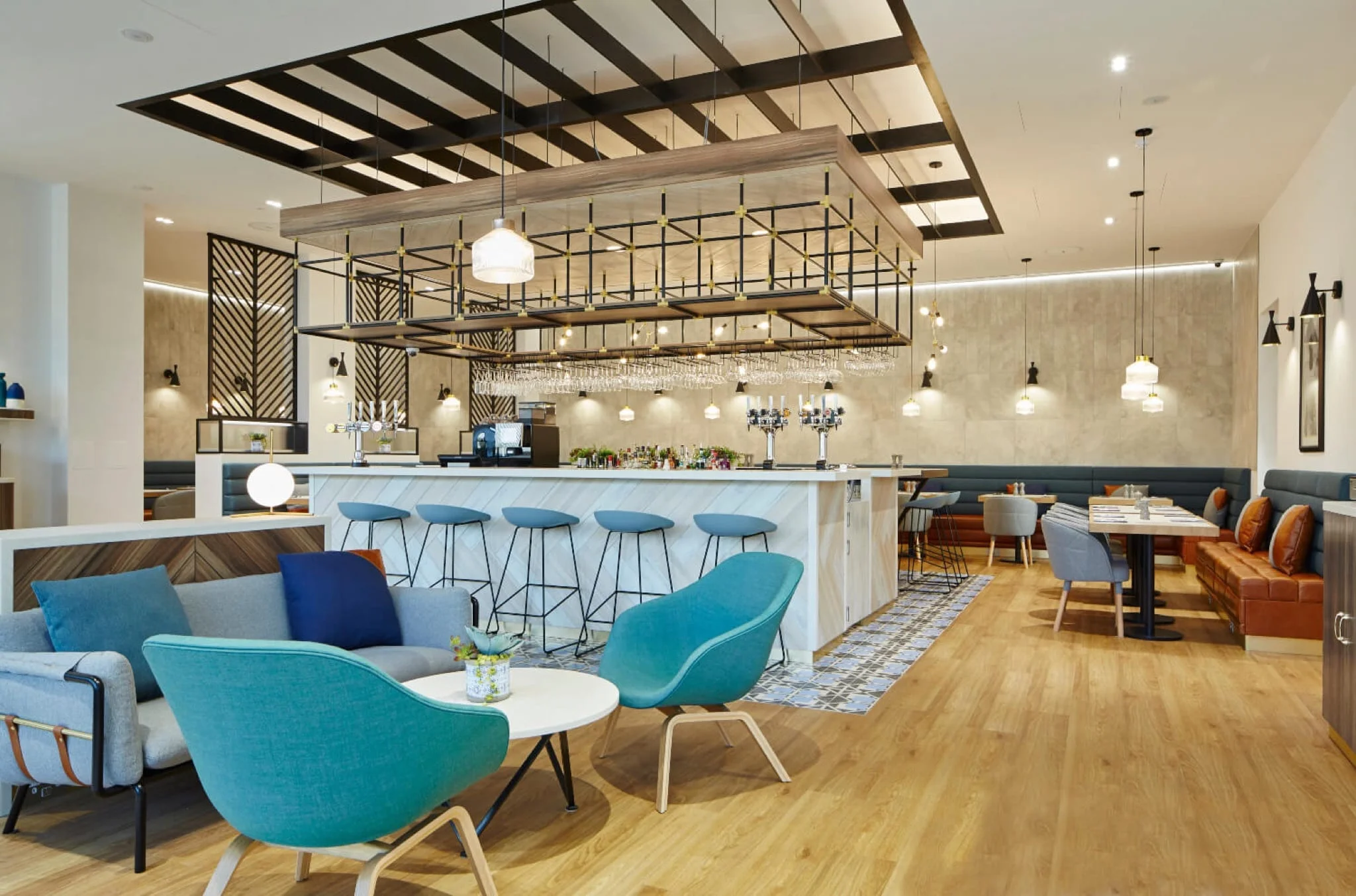 The finished lounge and bar area of a hotel built with VBC's modular construction